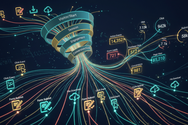 GA4 event tracking funnel with click events, form submissions, and conversion metrics