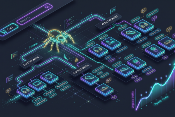 Search engine spider crawling ecommerce site architecture with product categories and organic traffic graph