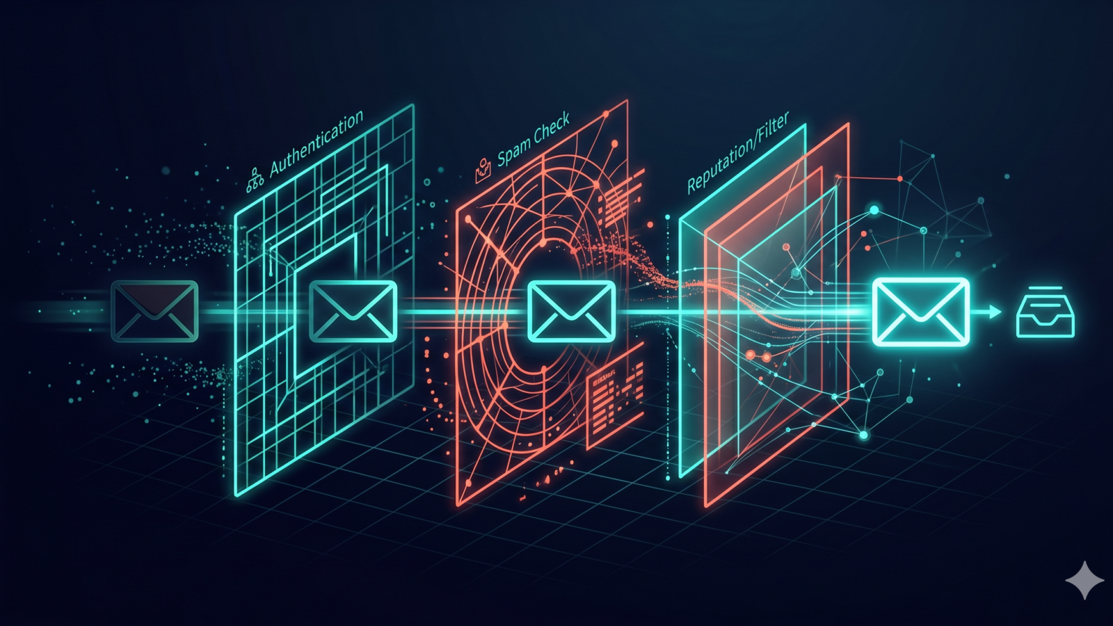 Email passing through authentication, spam check, and reputation filter layers