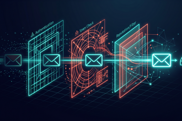 Email passing through authentication, spam check, and reputation filter layers