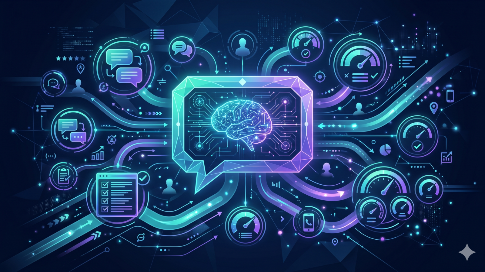 AI neural network brain inside a chat bubble surrounded by customer interaction icons and satisfaction meters on dark navy background