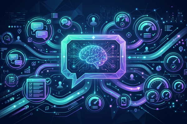 AI neural network brain inside a chat bubble surrounded by customer interaction icons and satisfaction meters on dark navy background