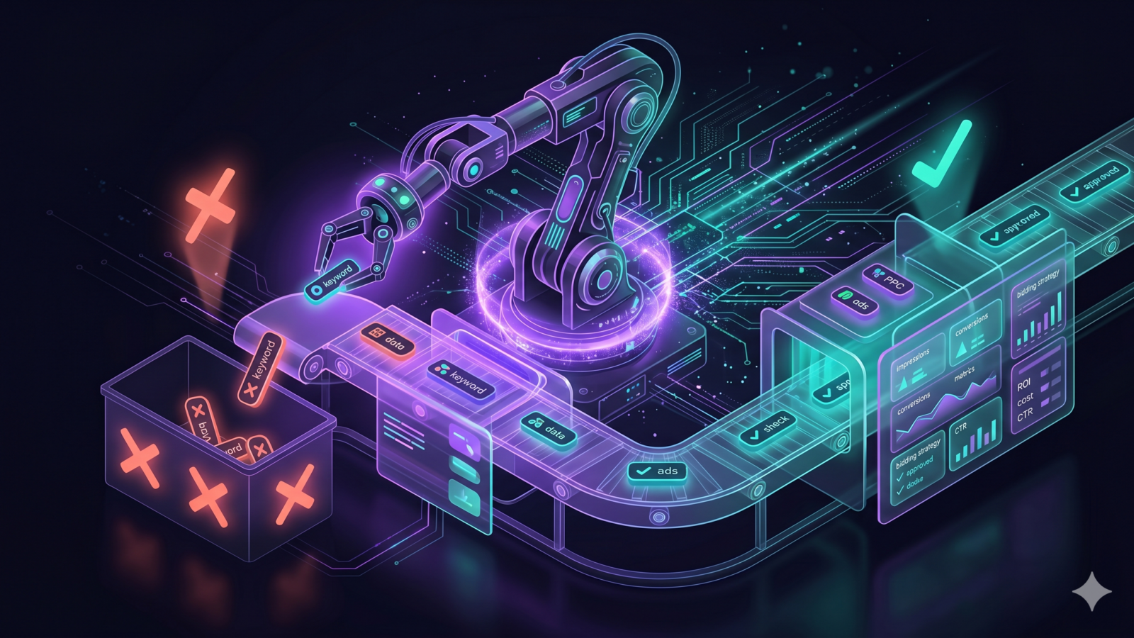 Abstract dark tech illustration of an AI robot arm sorting keyword tags on a conveyor belt, blocking negative keywords with coral X marks and approving others with teal checkmarks into a Google Ads campaign panel
