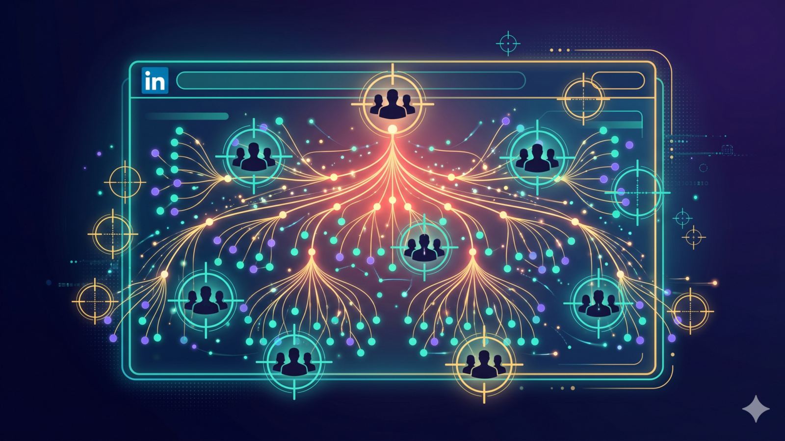 LinkedIn-inspired professional network with targeting crosshairs connecting business silhouettes in a glowing org-chart pattern on dark background
