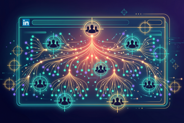 LinkedIn-inspired professional network with targeting crosshairs connecting business silhouettes in a glowing org-chart pattern on dark background