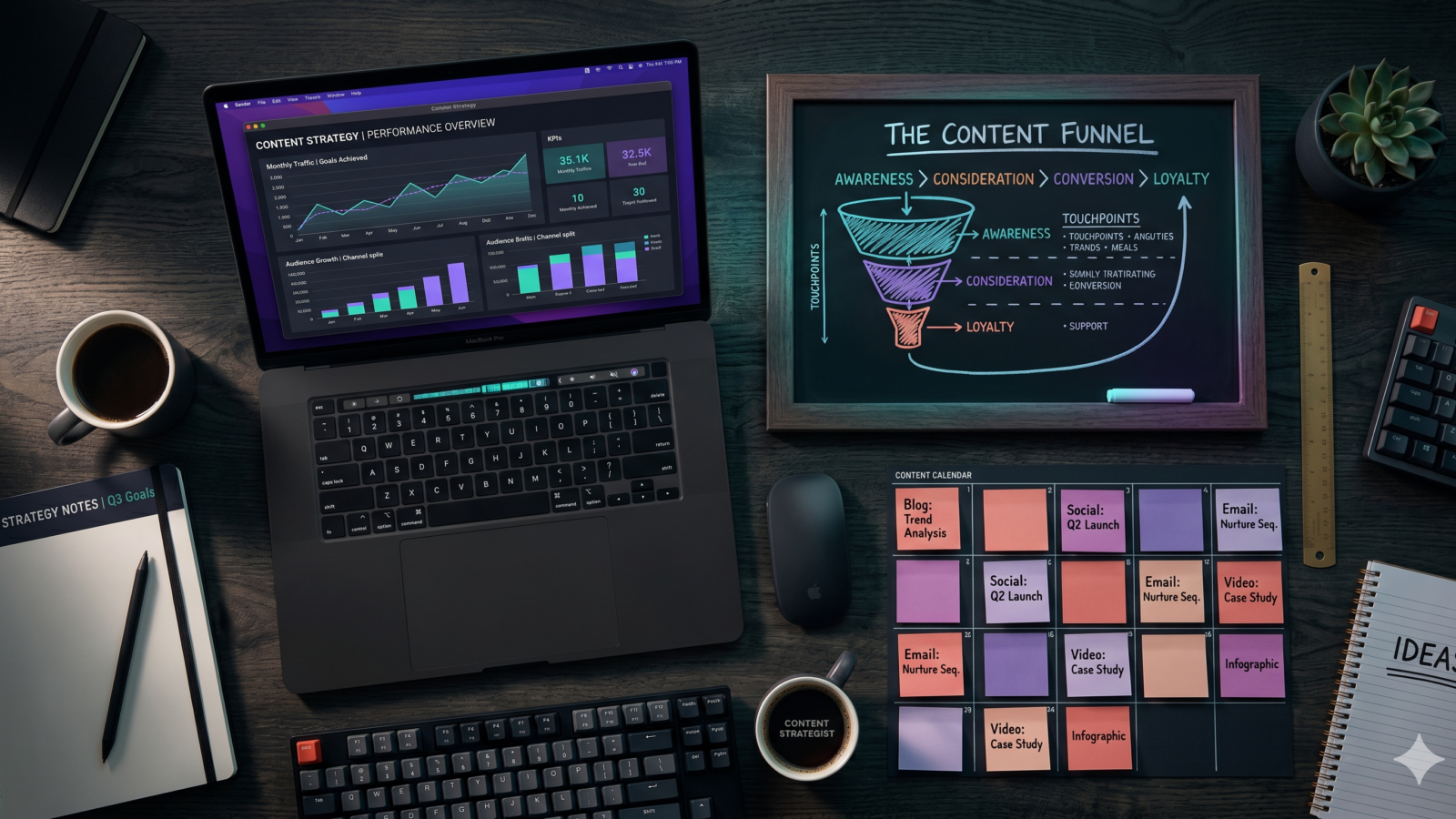 Dark desk flat lay showing laptop with content strategy analytics, chalkboard funnel diagram, and colorful content calendar grid