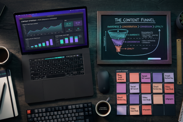 Dark desk flat lay showing laptop with content strategy analytics, chalkboard funnel diagram, and colorful content calendar grid