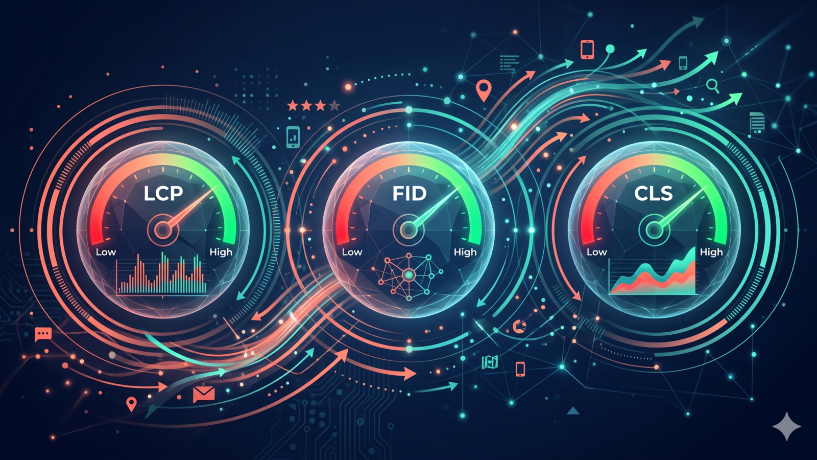Three glowing speedometer gauges for LCP, FID, and CLS web performance metrics with speed lines on dark navy background