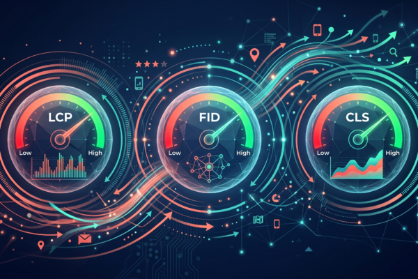 Three glowing speedometer gauges for LCP, FID, and CLS web performance metrics with speed lines on dark navy background