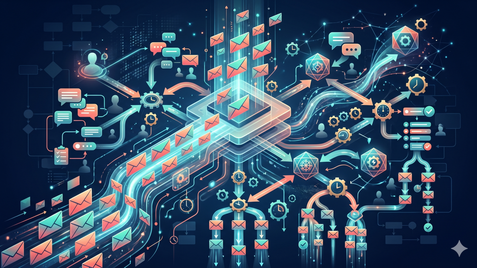 Email envelopes flowing through automated workflow pipeline with branching decision nodes, timers, and gear icons on dark navy background