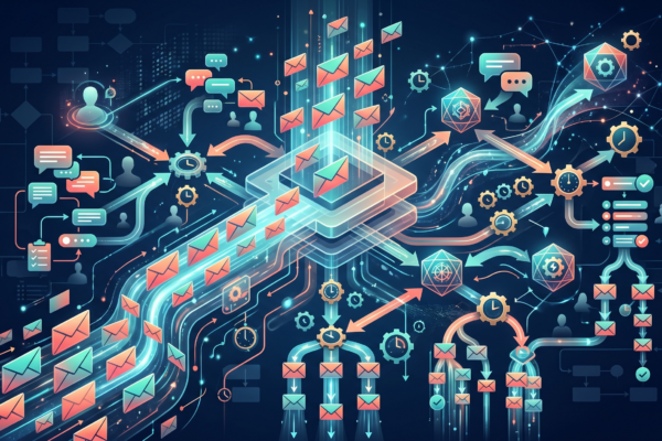 Email envelopes flowing through automated workflow pipeline with branching decision nodes, timers, and gear icons on dark navy background