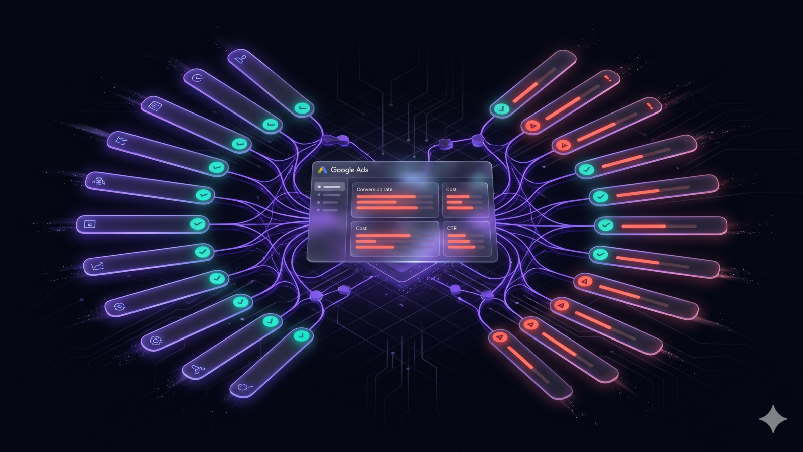 Abstract dark tech illustration of a Google Ads dashboard with radiating checklist items showing conversion rate, cost, and CTR metrics in coral, violet, and teal colors