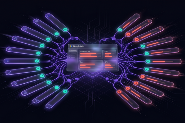Abstract dark tech illustration of a Google Ads dashboard with radiating checklist items showing conversion rate, cost, and CTR metrics in coral, violet, and teal colors