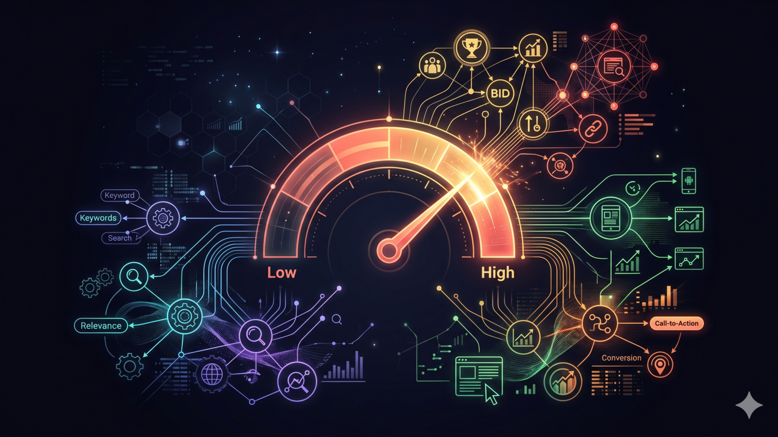 Google Ads Quality Score gauge with relevance signals and ad rank factors
