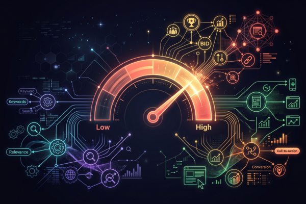 Google Ads Quality Score gauge with relevance signals and ad rank factors