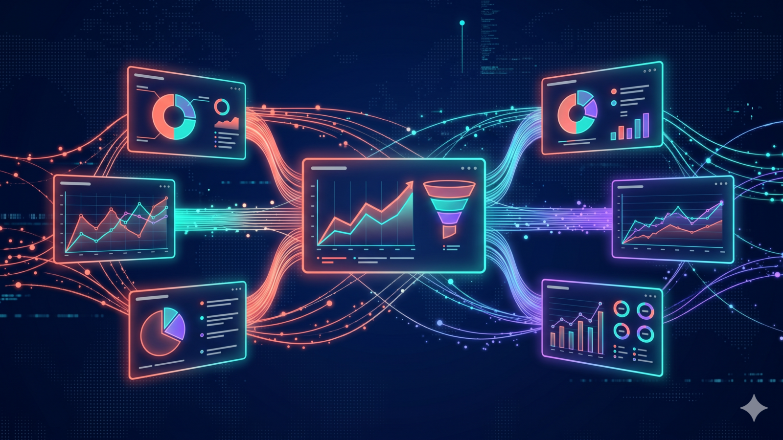 Holographic analytics dashboard panels with line graphs, pie charts, and funnel visualizations connected by glowing data streams on dark navy background