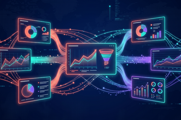 Holographic analytics dashboard panels with line graphs, pie charts, and funnel visualizations connected by glowing data streams on dark navy background