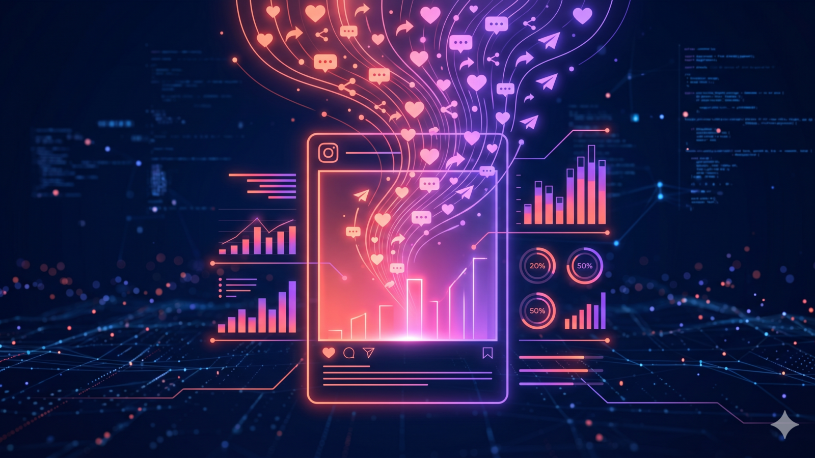 Glowing smartphone with Instagram engagement metrics, hearts, comments, and analytics charts on dark navy background