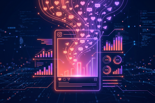 Glowing smartphone with Instagram engagement metrics, hearts, comments, and analytics charts on dark navy background