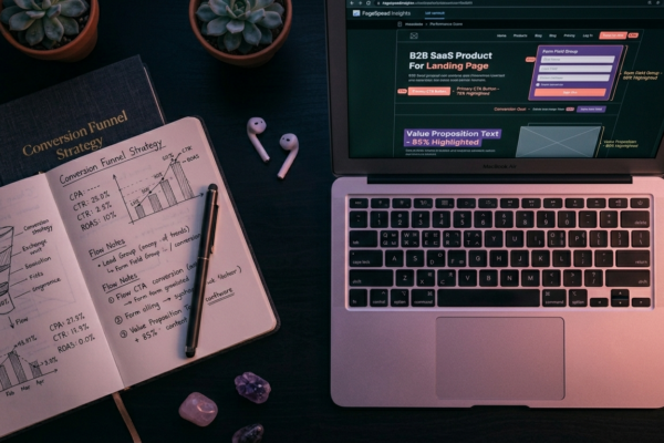 Laptop showing landing page wireframe with conversion funnel strategy notebook on dark desk
