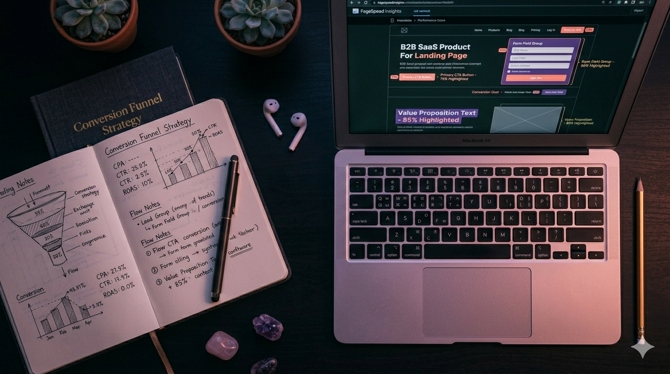 Laptop showing landing page wireframe with conversion funnel strategy notebook on dark desk