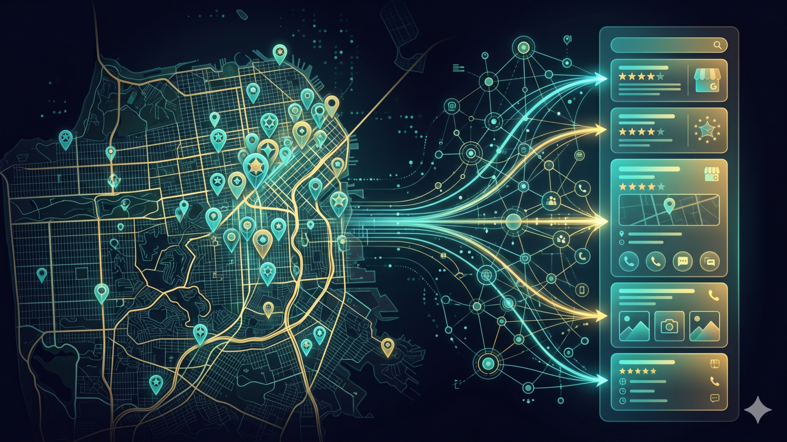 Local SEO map with location pins connected to Google Business Profile and search results