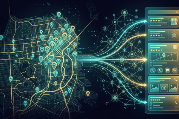 Local SEO map with location pins connected to Google Business Profile and search results