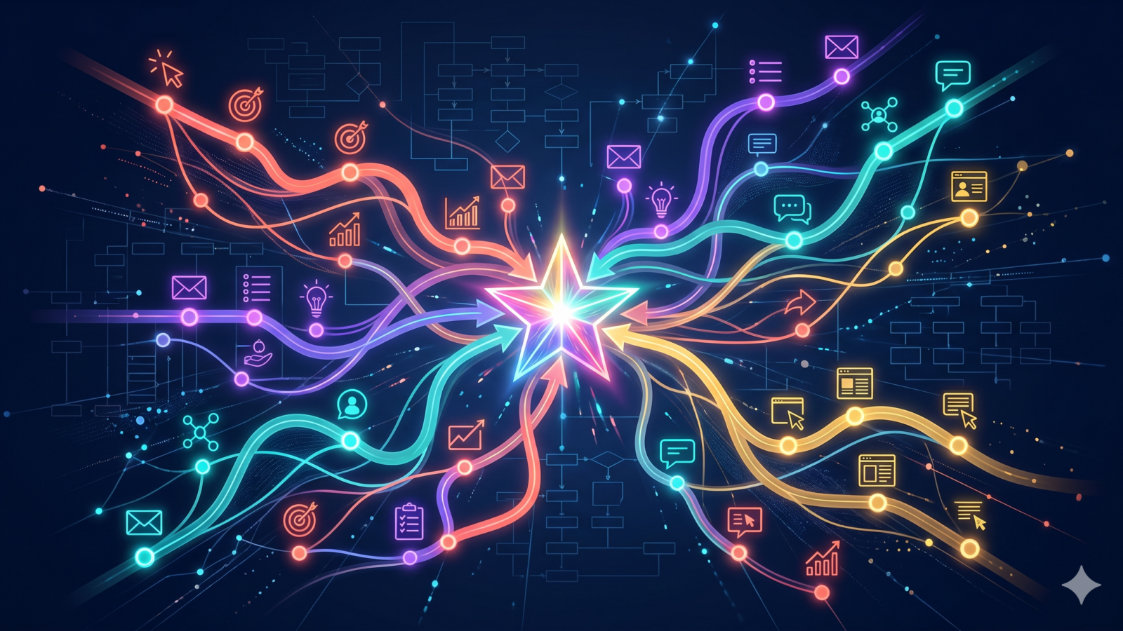 Multiple colorful customer journey paths converging at a central conversion star with marketing touchpoint icons on dark navy background