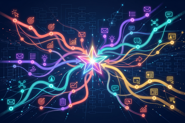 Multiple colorful customer journey paths converging at a central conversion star with marketing touchpoint icons on dark navy background