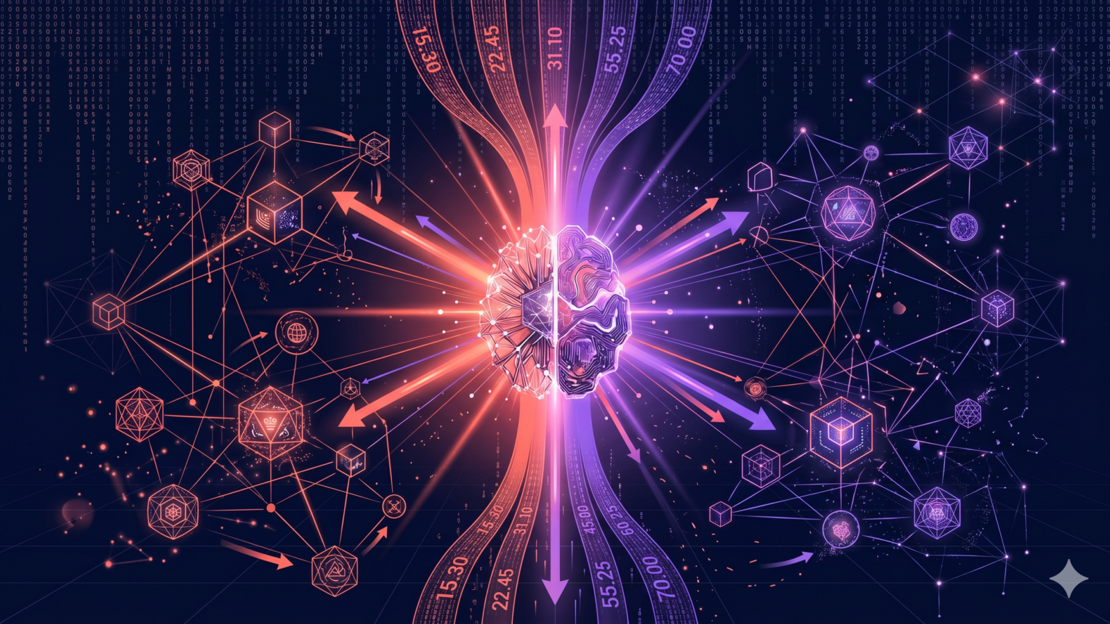 AI brain orchestrating programmatic ad bidding with arrows and bid numbers flowing between network nodes on dark navy background