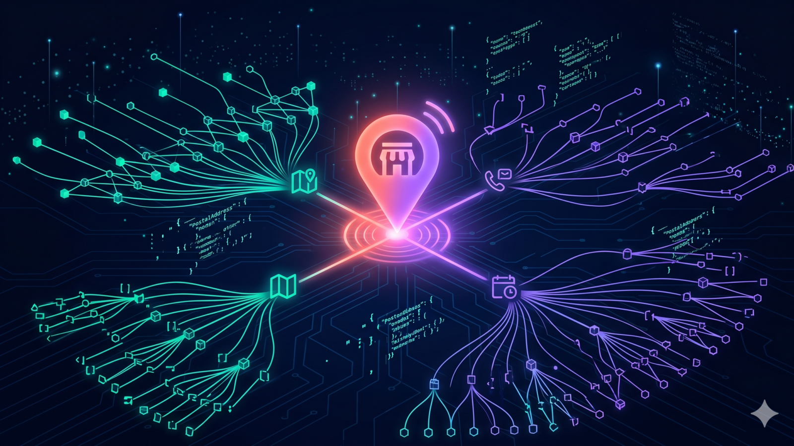 Glowing local business map pin at center of a structured data knowledge graph with teal and violet node connections on dark background