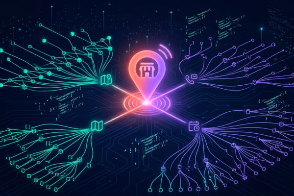 Glowing local business map pin at center of a structured data knowledge graph with teal and violet node connections on dark background