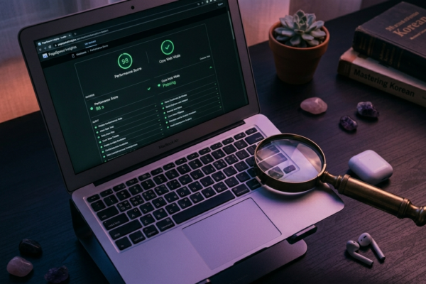 Laptop showing website performance audit scores with magnifying glass on dark desk