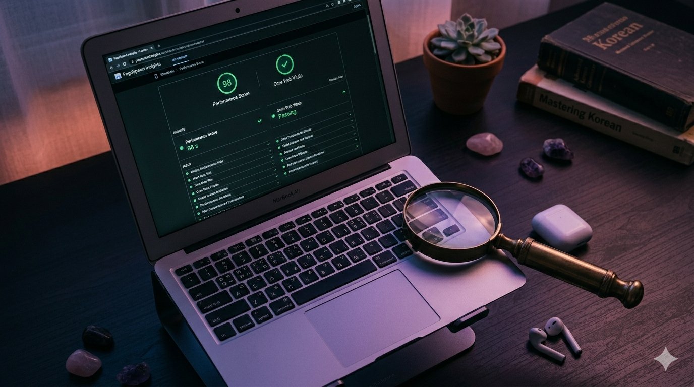 Laptop showing website performance audit scores with magnifying glass on dark desk