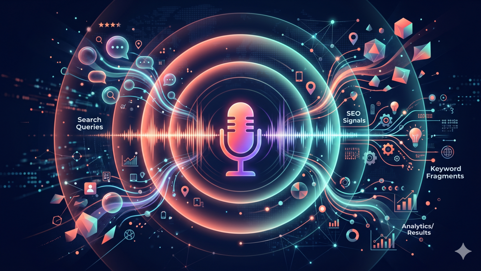 Glowing microphone with soundwave ripples radiating outward into search queries and SEO signals on dark navy background