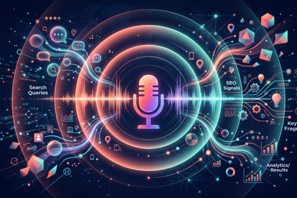 Glowing microphone with soundwave ripples radiating outward into search queries and SEO signals on dark navy background