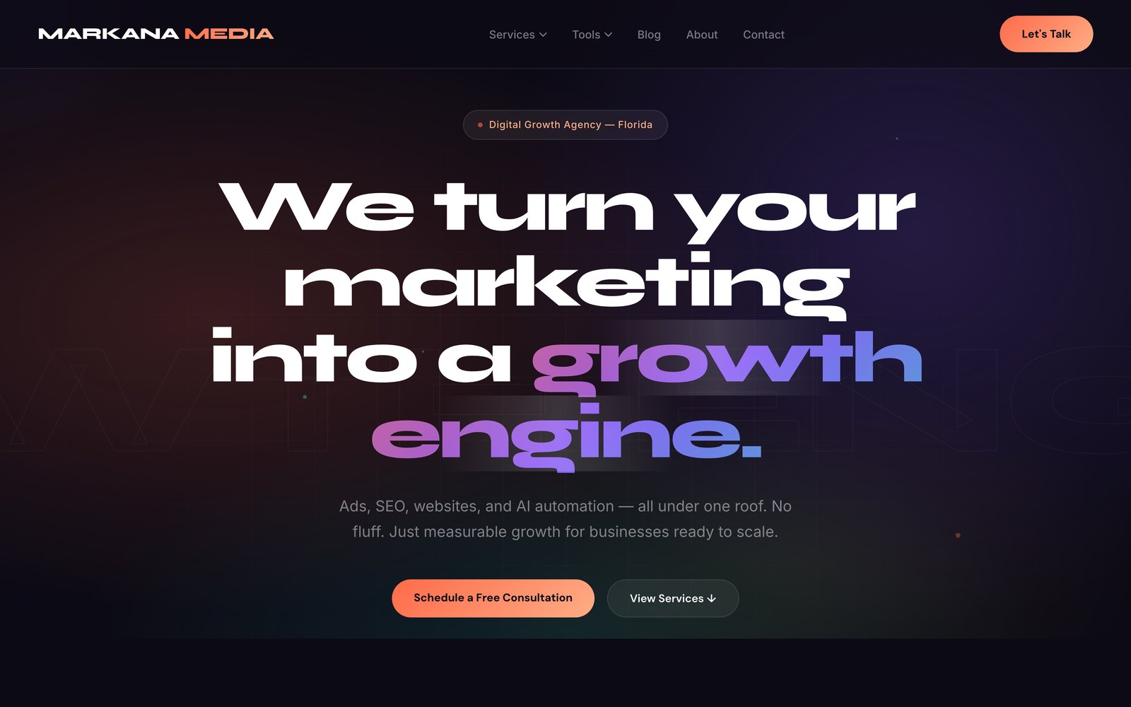 Markana Media homepage — a dark digital marketing agency site built with Claude Code