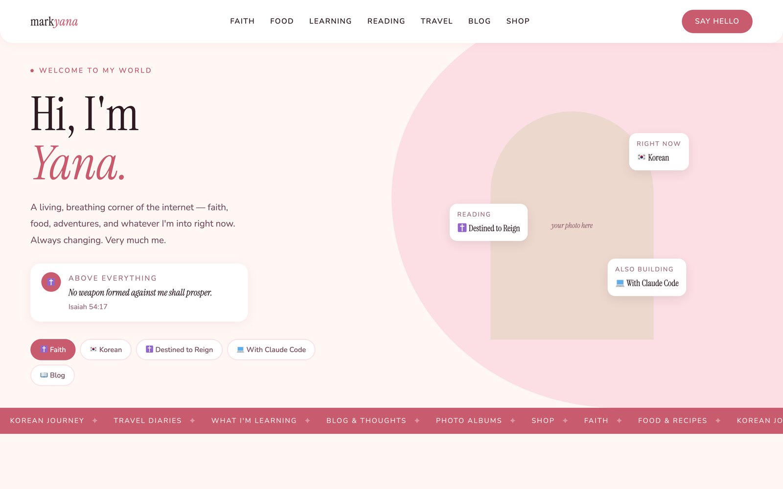 Markyana.com homepage — a warm faith-and-lifestyle personal blog built with Claude Code